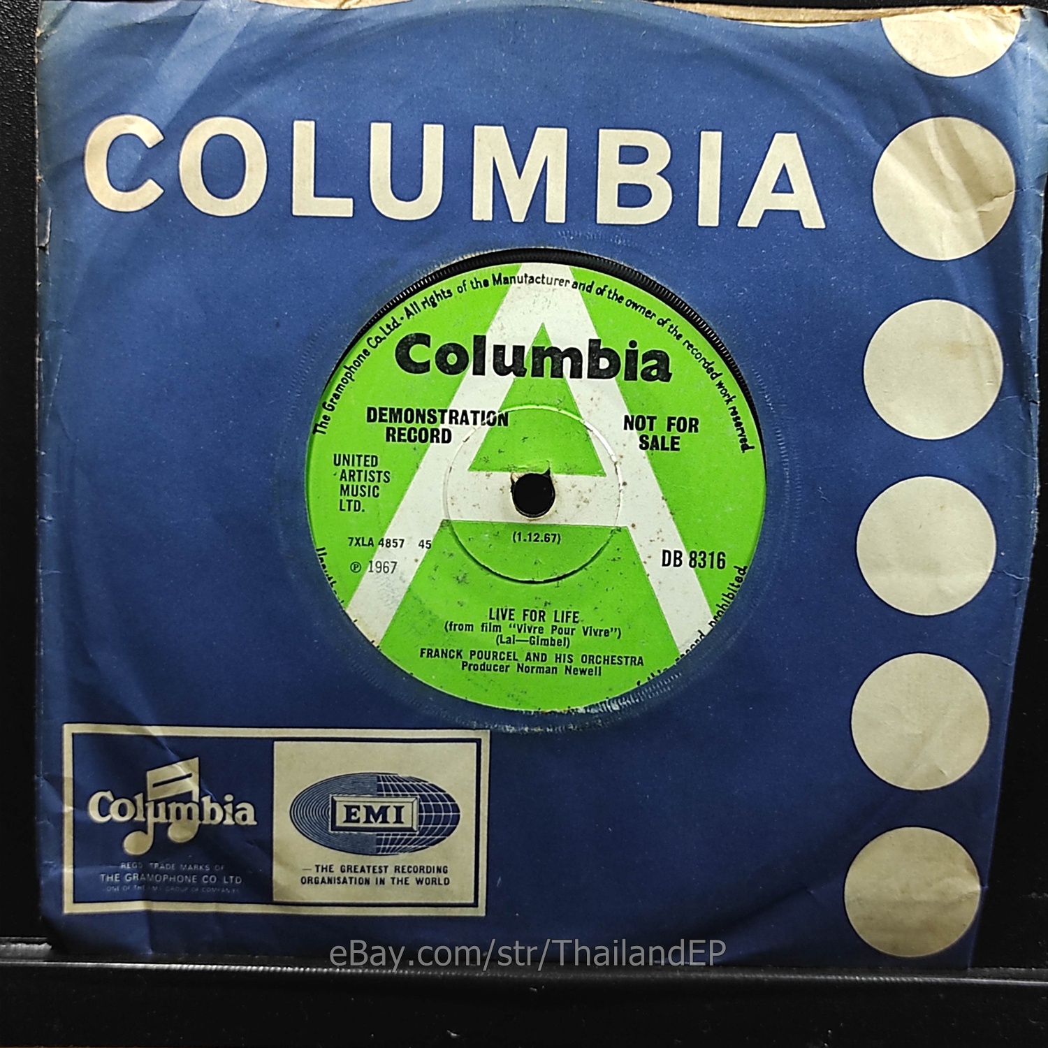 Franck Pourcel And His Orchestra - Live For Life (From Film "Vivre Pour Vivre") (DB 8316) 7" Thai EP